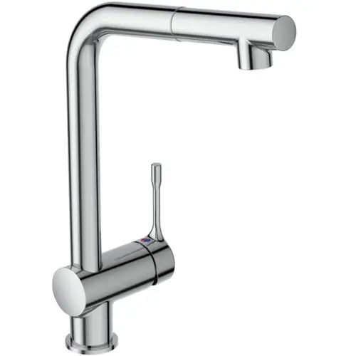 Küchenarmatur aus Chrom mit hohem Auslauf von Ideal Standard. Der Hebel zur Steuerung der Wassertemperatur und -menge befindet sich an der Seite.